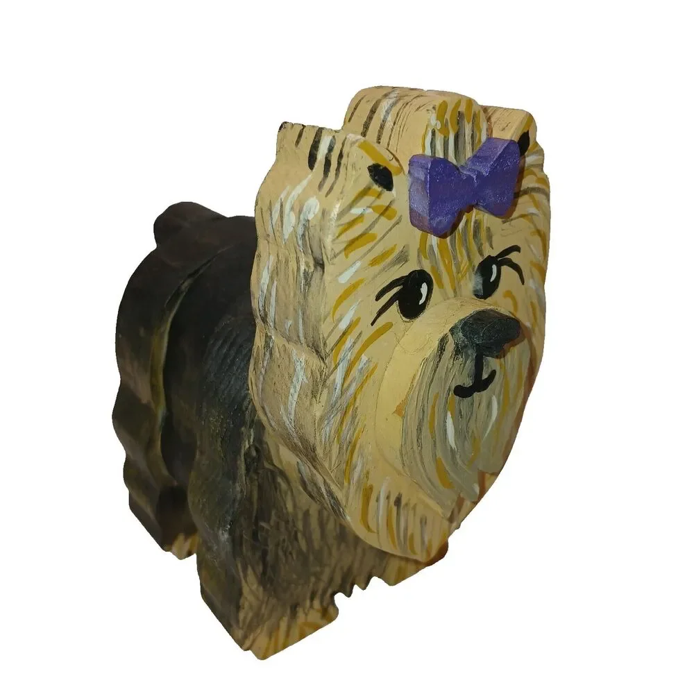 Wooden Yorkshire Terrier Yorkie Dog Puppy Figurine Statue Layered Wood 4.5 in